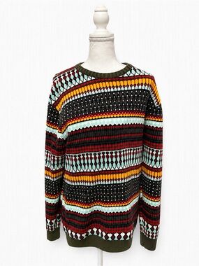 Zara Olive Green, Black, Red & Aqua Patterned Knit Sweater
